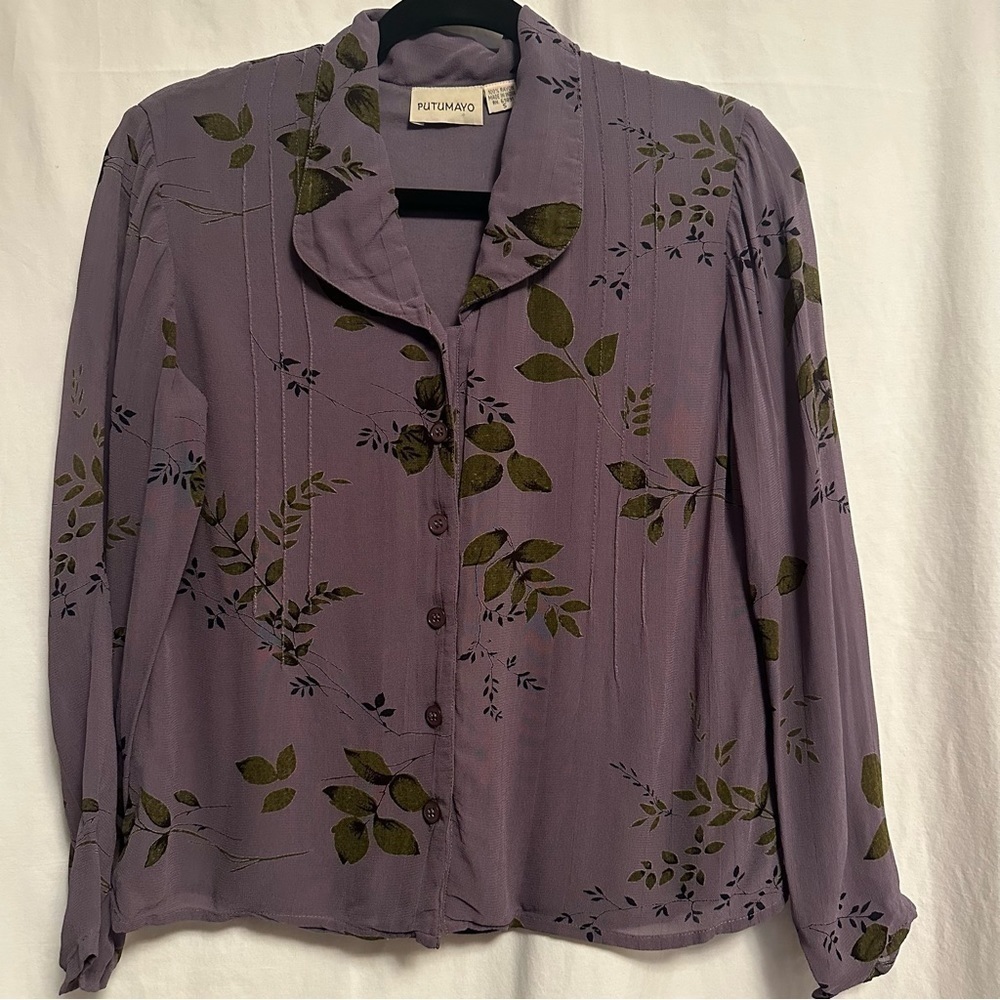 PUTUMAYO SZ S 100% Rayon Made India Purple Green Floral Buttoned Blouse Top